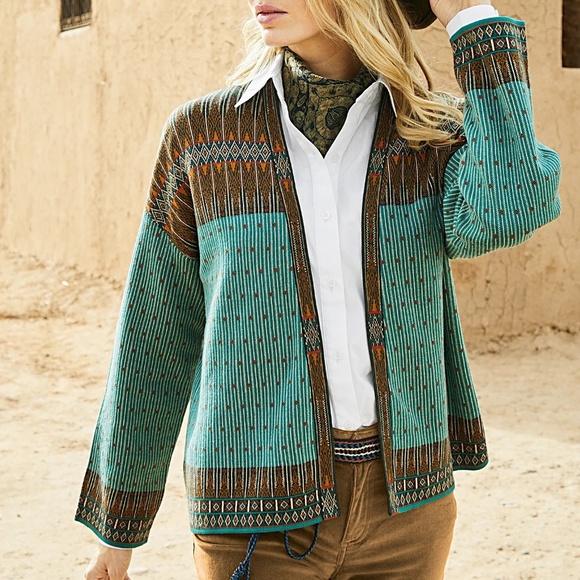 Peruvian Connection Selatan Turquoise 100% Pima Cotton Knit Open Kimono Cardigan